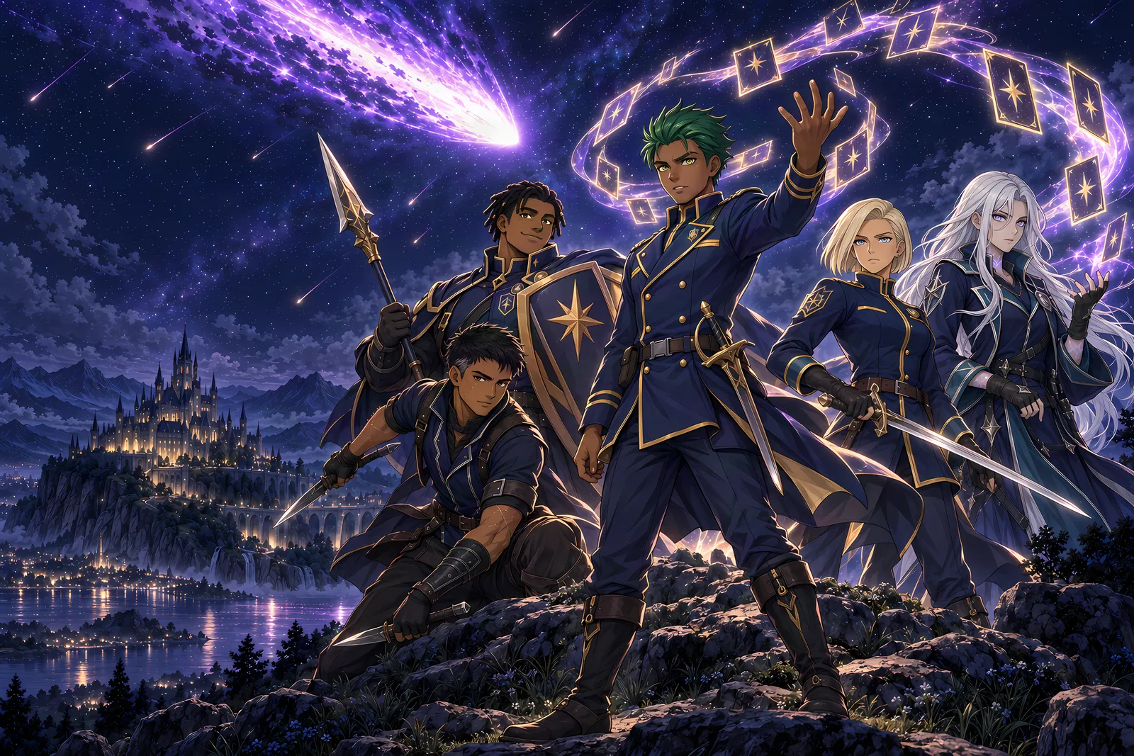 Five Academy cadets on a rocky ridge at night, the Academy lit up across the lake behind them, a star streaking overhead and glowing cards circling Cael's raised hand
