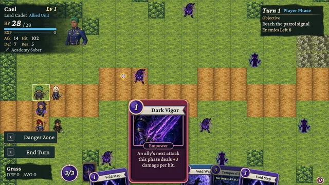 A battle map with the hand of cards along the bottom